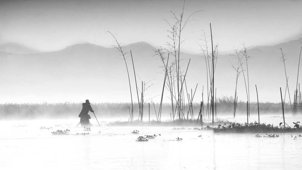 Fishing in a misty morning van Joe B N