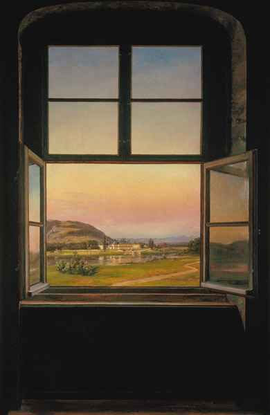 Blick aus einem Fenster auf Schloss Pillnitz van Johan Christian Clausen Dahl