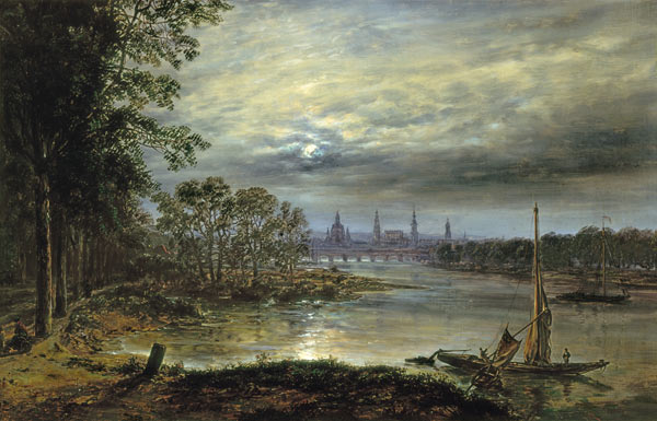 Blick auf Dresden im Mondschein van Johan Christian Clausen Dahl