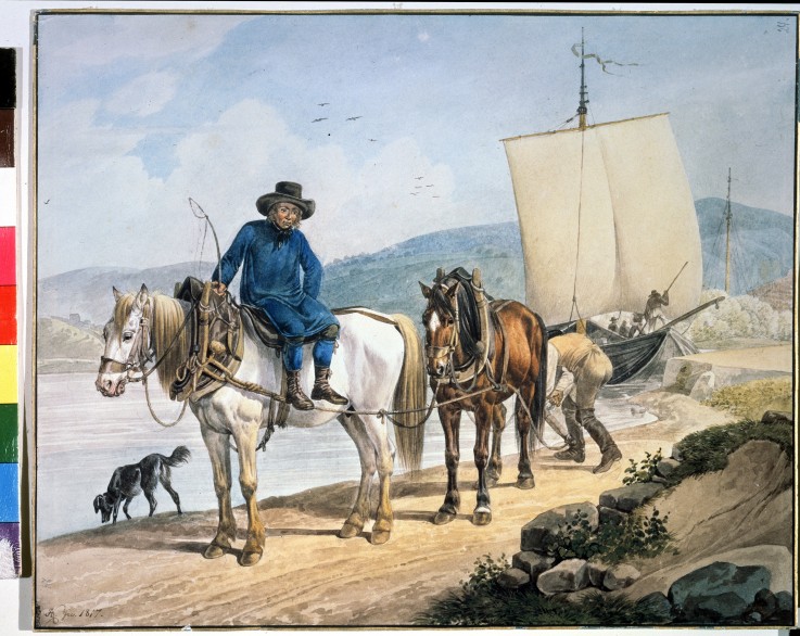 A Horse And Cart at the River van Johann Adam Klein