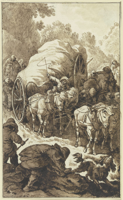 Ein hochbepackter, von vier Pferden gezogener Wagen kommt einen Gebirgsweg herab van Johann Albrecht Dietzsch