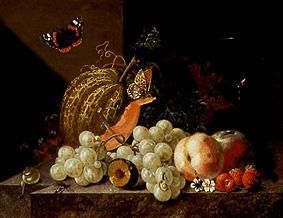 Früchtestilleben mit Weinglas und Insekten van Johann Amandus Winck