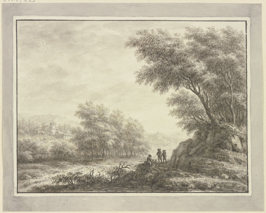Waldweg mit drei Jägern, links Durchblick auf eine Schloßanlage van Johann Caspar Zehender