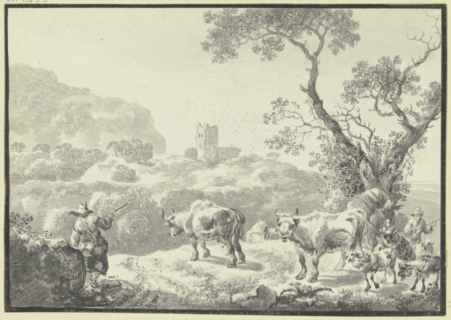 Landschaft mit einer Burgruine, zwei Hirten führen ihre Viehherde von rechts herbei van Johann Christian Klengel