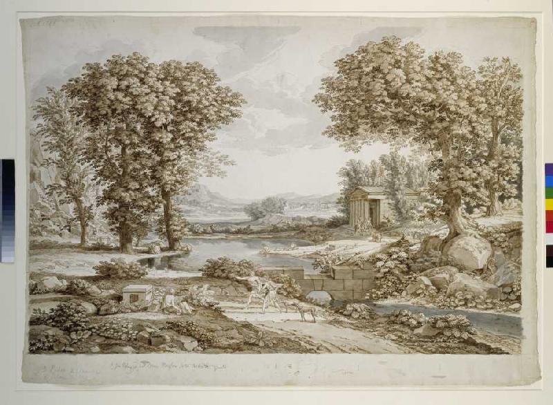 Große stilisierte Landschaft mit einem Fluß und Tempel. Vorne zwei Jünglinge mit Jagdspießen und Win van Johann Christian Reinhart