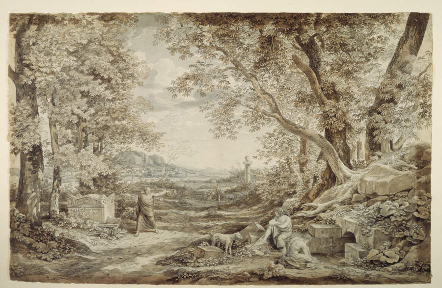 Landschaft mit antiken Denkmälern ("Die Erfindung des korinthischen Kapitels") van Johann Christian Reinhart
