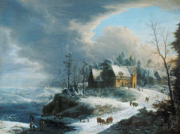 Winterlandschaft mit einem Dörfchen über einem gefrorenen Fluss. van Johann Christian Vollerdt