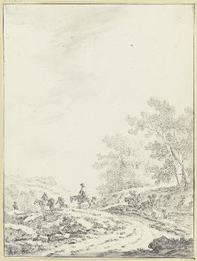 Breiter Weg mit Ausblick in eine offene Landschaft, rechts Buschwerk, links auf dem Weg zwei Reiter 
