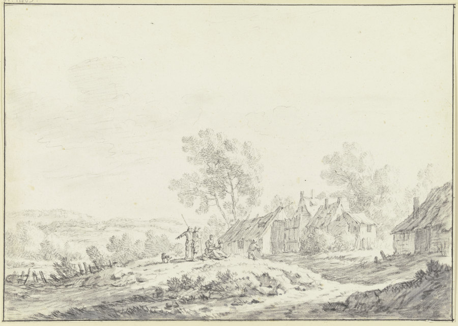 Häuser eines Dorfes in einer hügeligen Landschaft, von links führt ein Weg mit einer Gruppe von Pers van Johann Christoph Dietzsch