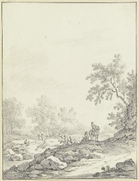 Hügeliges Gelände mit Bäumen und Gestein, im Vordergrund ein Reiter und ein sitzender Mann, links dr
