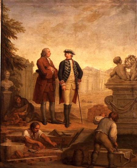 King Frederick II of Prussia (1712-86) and the Marquis of Argens (1704-1771) inspecting the construc van Johann Christoph Frisch