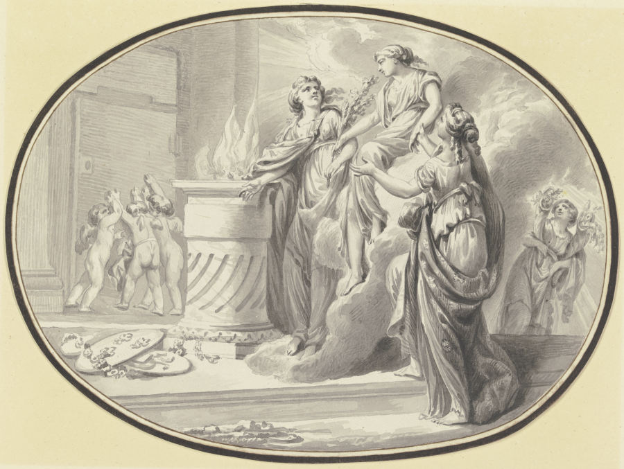Eine Vestalin zwischen zwei Gefährtinnen vor einem Altar von einer Wolke herabsteigend, im Hintergru van Johann Eleazar Schenau