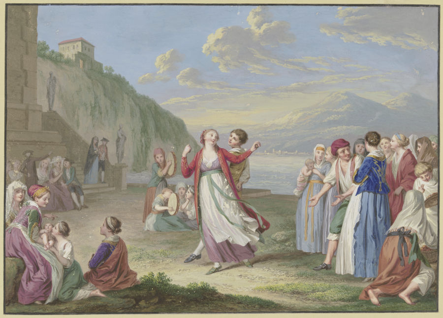 Italienische Landleute unterhalten sich am Seeufer mit Spiel und Tanz, im Hintergrund hohe Berge van Johann Friedrich August Tischbein