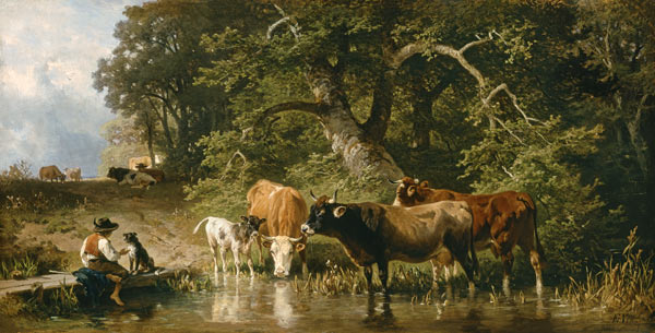Hirtenjunge mit Kühen an der Tränke van Johann Friedrich Voltz