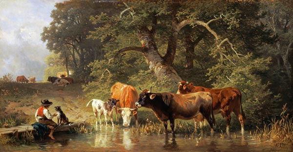 Cattle watering at a woodland pond van Johann Friedrich Voltz