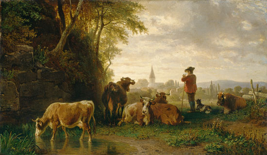 Hirt und Kühe, in der Ferne ein Dorf van Johann Friedrich Voltz