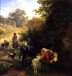 Hirtin mit Herde an der Tränke van Johann Friedrich Voltz