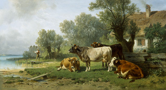 Hüterbub mit Kühen am See-Ufer van Johann Friedrich Voltz