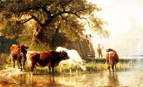 Cattle Watering in a River Landscape