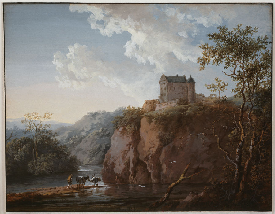 Burg auf einem Felsen über einem Flußtal van Johann Georg Wagner