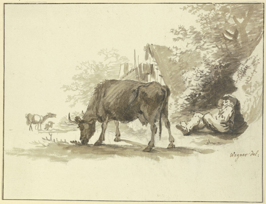 Ruhender Hirt mit einer Kuh vor einem Haus van Johann Georg Wagner