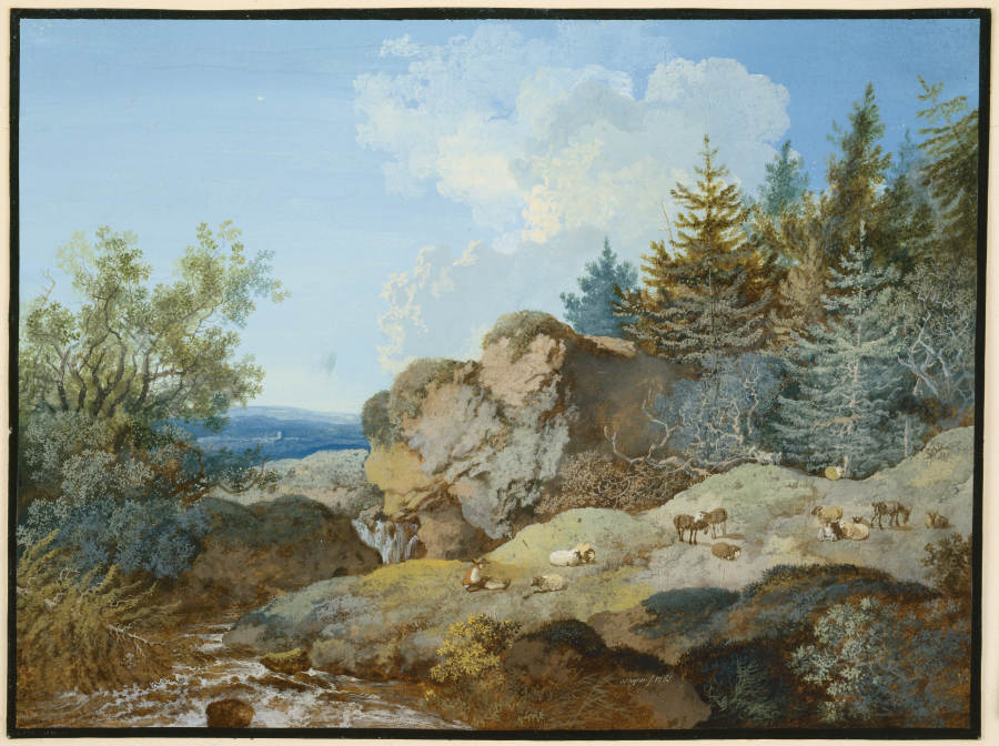Waldlandschaft im Gebirge mit Herde und Gewässer van Johann Georg Wagner
