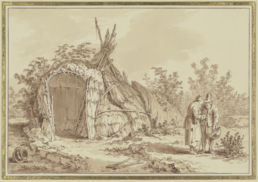 Altes Paar vor Strohhütte van Johann Georg Wille