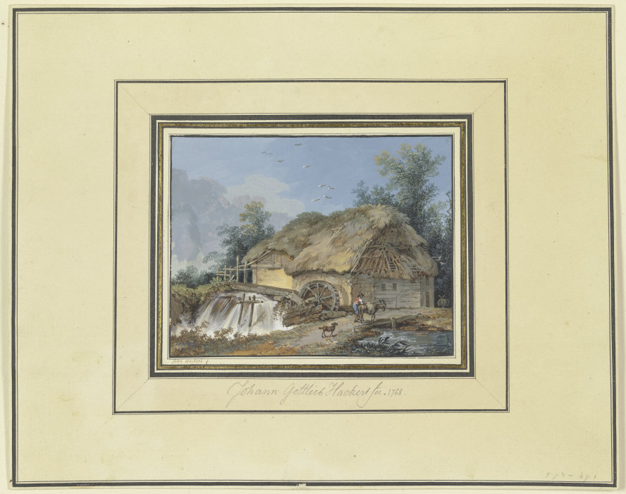 Strohgedeckte Wassermühle, zu der ein Bauer mit Esel und Hund kommt van Johann Gottlieb Hackert