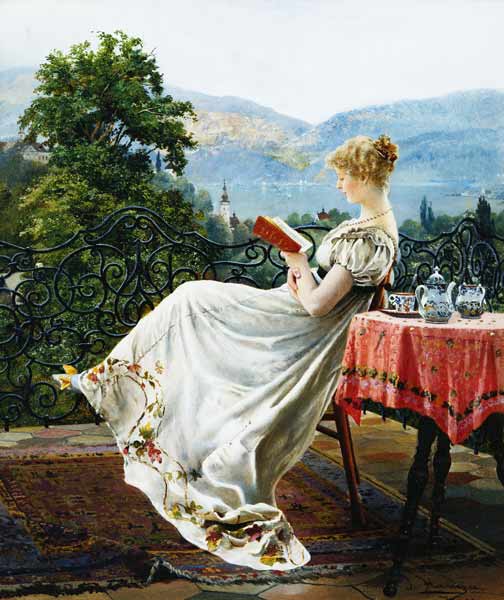 Lesende auf einer Terrasse. van Johann Hamza