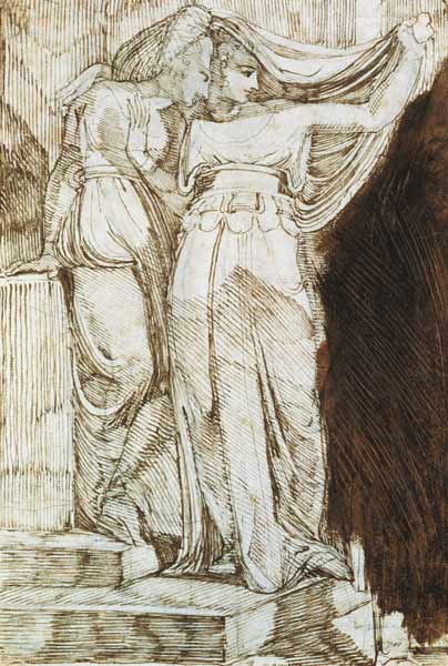 Two Female Figures Standing on Steps, Rome van Johann Heinrich Füssli