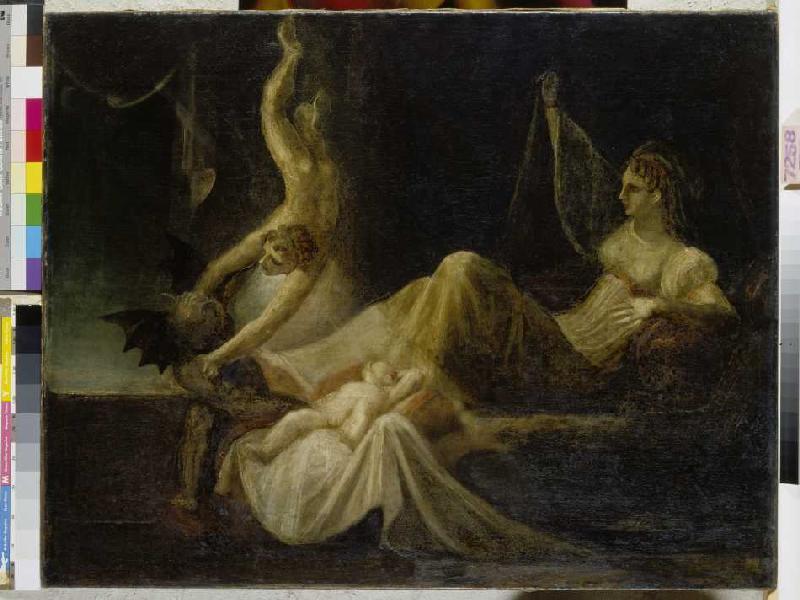 Siglinde, die Mutter Siegfrieds, erwacht durch den Streit des guten und des böse Genius um ihren kle van Johann Heinrich Füssli