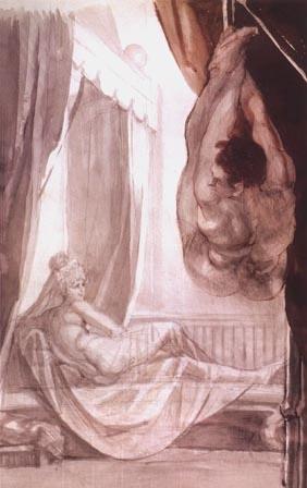 Brunhilde beobachtet den von ihr gefesselt an der Decke aufgehängten Gunther