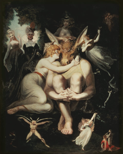 Titania Awakes, Surrounded by Attendant Fairies, clinging rapturously to Bottom, still wearing the A van Johann Heinrich Füssli