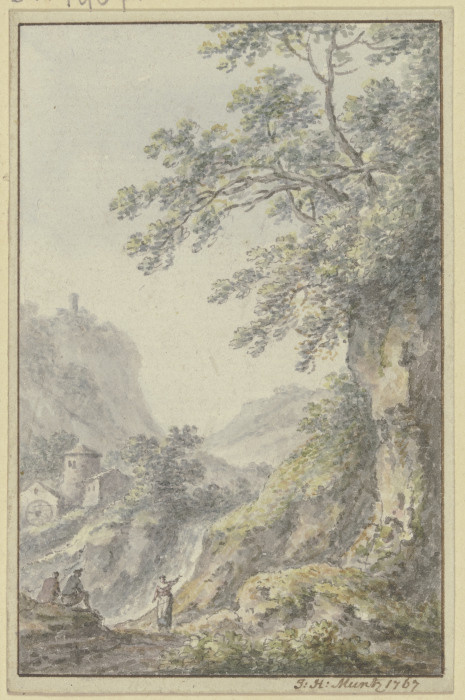 Blick in eine Berglandschaft mit einer Burg, im Vordergrund ein Hohlweg mit drei Figuren van Johann Heinrich Müntz