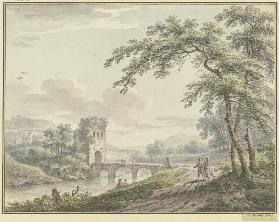 Landschaft mit einer Brücke und Turm, rechts unter einem Baum ein Paar mit einem Hund