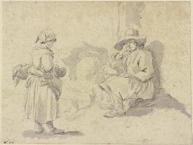 Ein Mann ruht hinter seinem beladenen Esel aus, vor ihm steht ein Mädchen mit einem Korb