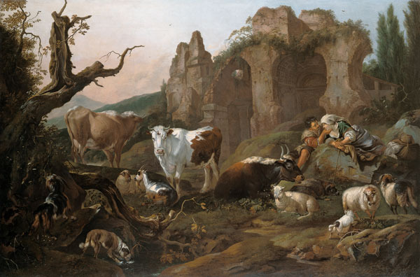 Farm animals in a landscape van Johann Heinrich Roos