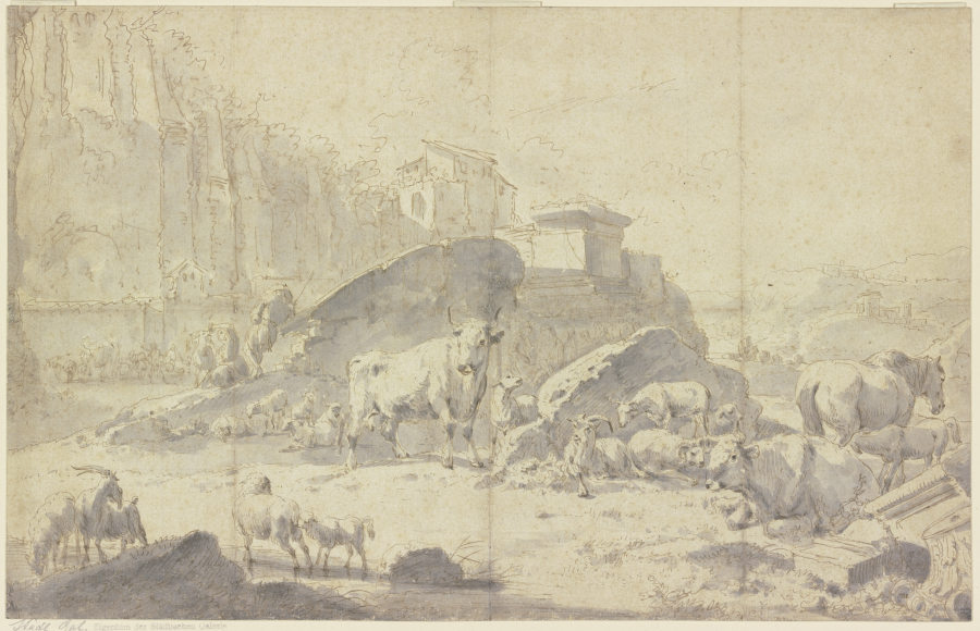 Herde von Ziegen, Schafen, Kühen und Pferden in einer italienischen Berglandschaft mit Ruinen van Johann Heinrich Roos