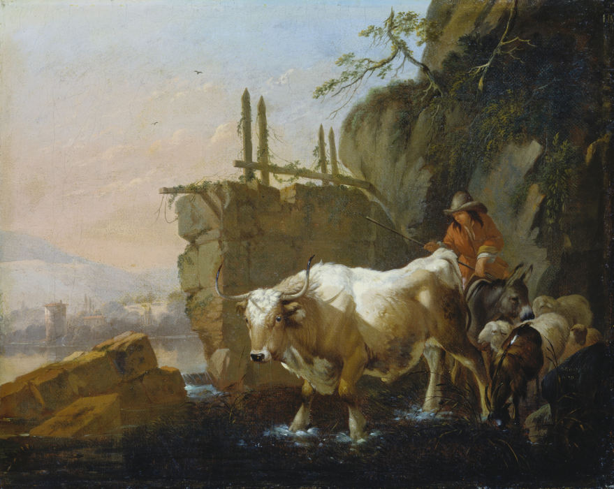 Herdsmen Driving Cattle through a Ford van Johann Heinrich Roos
