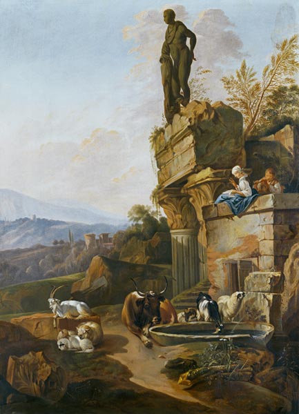 Landschaft mit Tempelruine in Abendstimmung van Johann Heinrich Roos