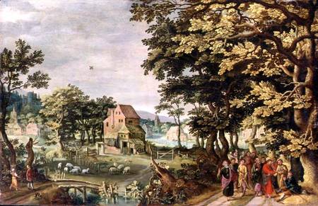 Landscape with Christ healing the Blind Man (panel) van Johann Jacob Besserer