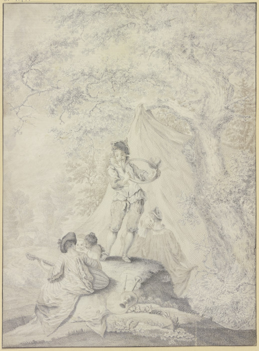 Ruhendes Paar unter einem Zelt an einem Eichenbaum, links eine Lautenspielerin mit zwei jungen Fraue van Johann Jacob Ebersbach