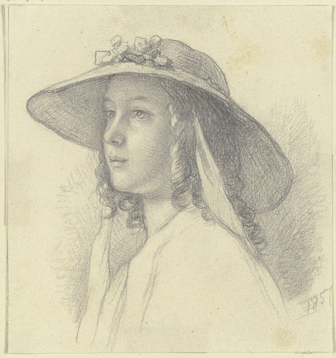 Bildnis eines Mädchens mit Strohhut, Dreiviertelprofil nach links van Johann Jakob Hoff