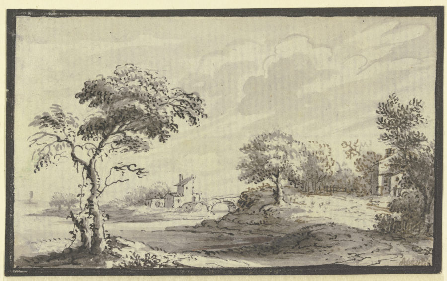 Hügelige Landschaft mit Fluß, Bäumen und Häusern van Johann Ludwig Aberli