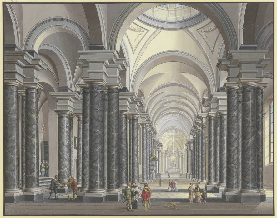Blick in das Innere einer Barockkirche mit schwarzen Marmorsäulen und Staffagefiguren in der Tracht  van Johann Ludwig Ernst Morgenstern