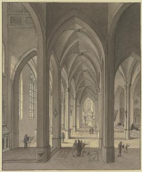 Blick in den Chor einer dreischiffigen gotischen Hallenkirche mit Staffagefiguren in der Tracht des 
