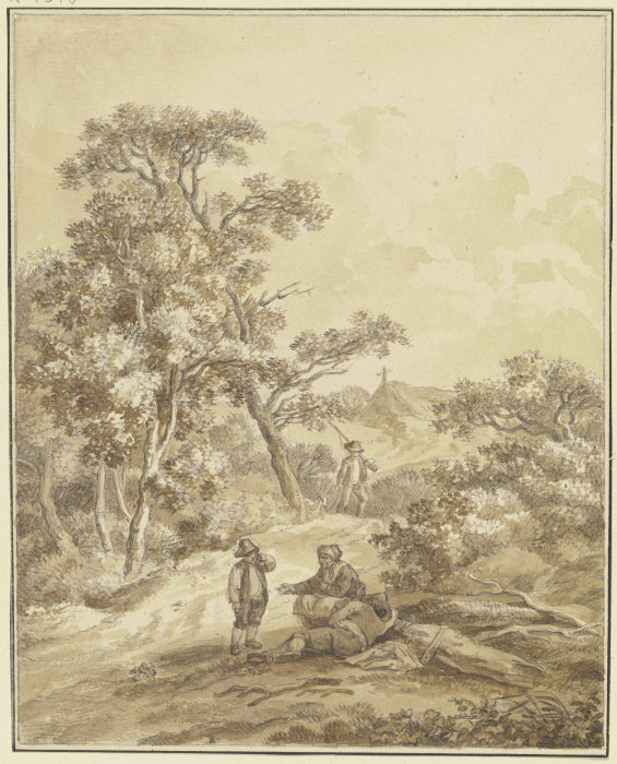 Waldweg mit einem Jäger, im Vordergrund eine Frau mit zwei Knaben, der eine schlafend van Johann Ludwig Ernst Morgenstern