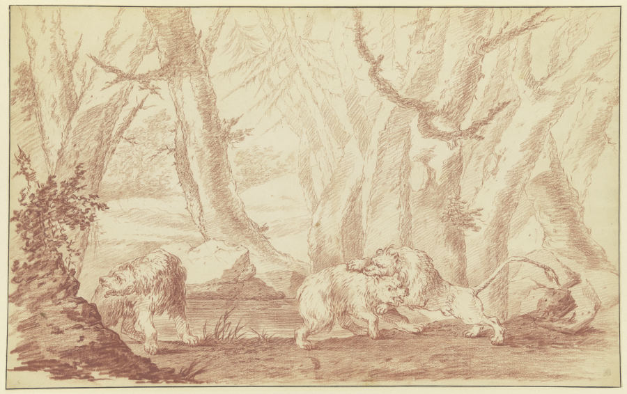 Zwei Bären, der eine von einem Löwen angegriffen van Johann Ludwig von Pfeiff