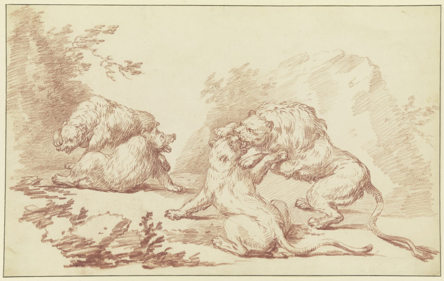 Zwei kämpfende Löwen und zwei kämpfende Bären van Johann Ludwig von Pfeiff