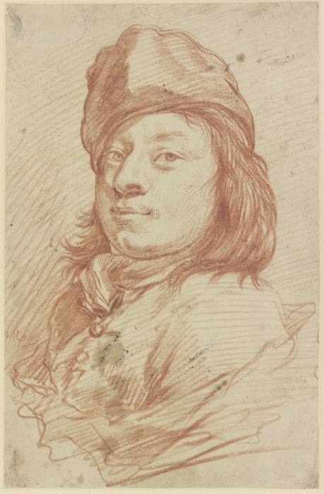 Brustbild eines Mannes mit Mütze und langem Haar im Dreiviertelprofil nach links van Johann Melchior Roos
